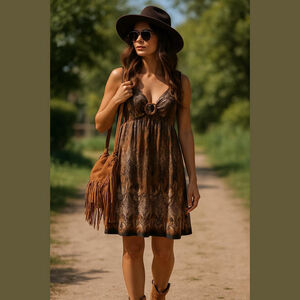 Connected Apparel Brown Print flowy V-neck Dress Sz 6 NWOT